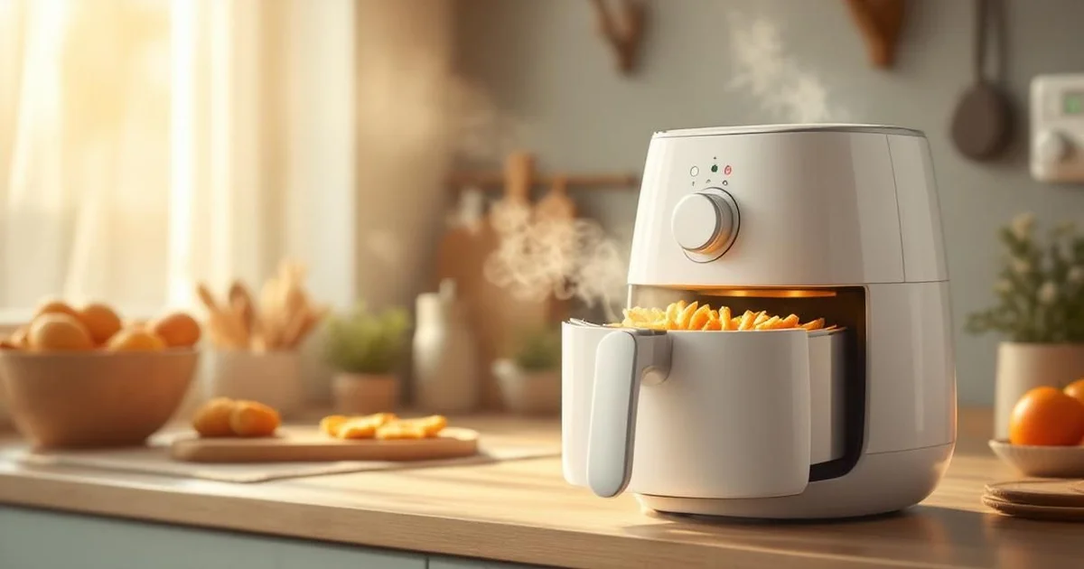 Modern compact white air fryer on a clean Korean kitchen countertop