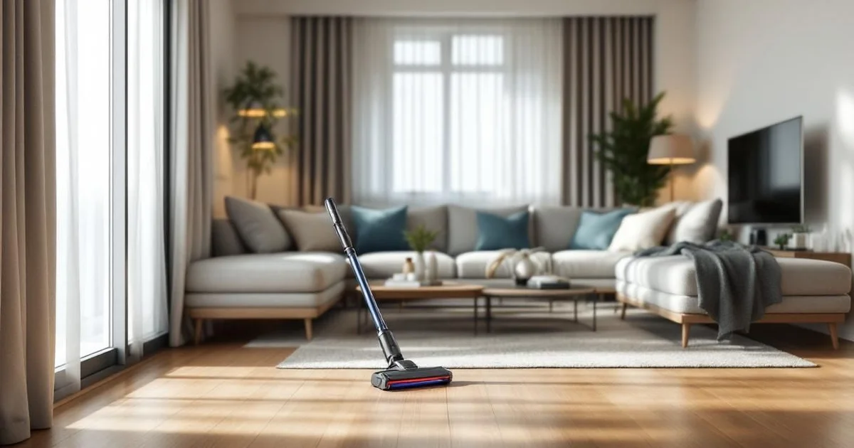 Modern cordless stick vacuum cleaner standing upright on wooden floor in bright Korean apartment living room