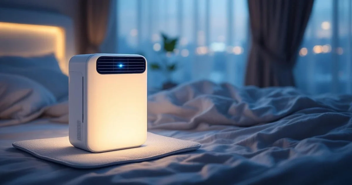 White portable dehumidifier on anti-vibration pad in a quiet Korean bedroom at night