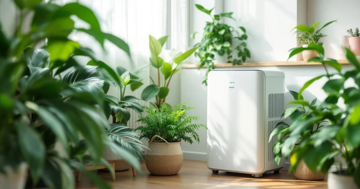 White portable dehumidifier next to green houseplants in a bright Korean apartment room