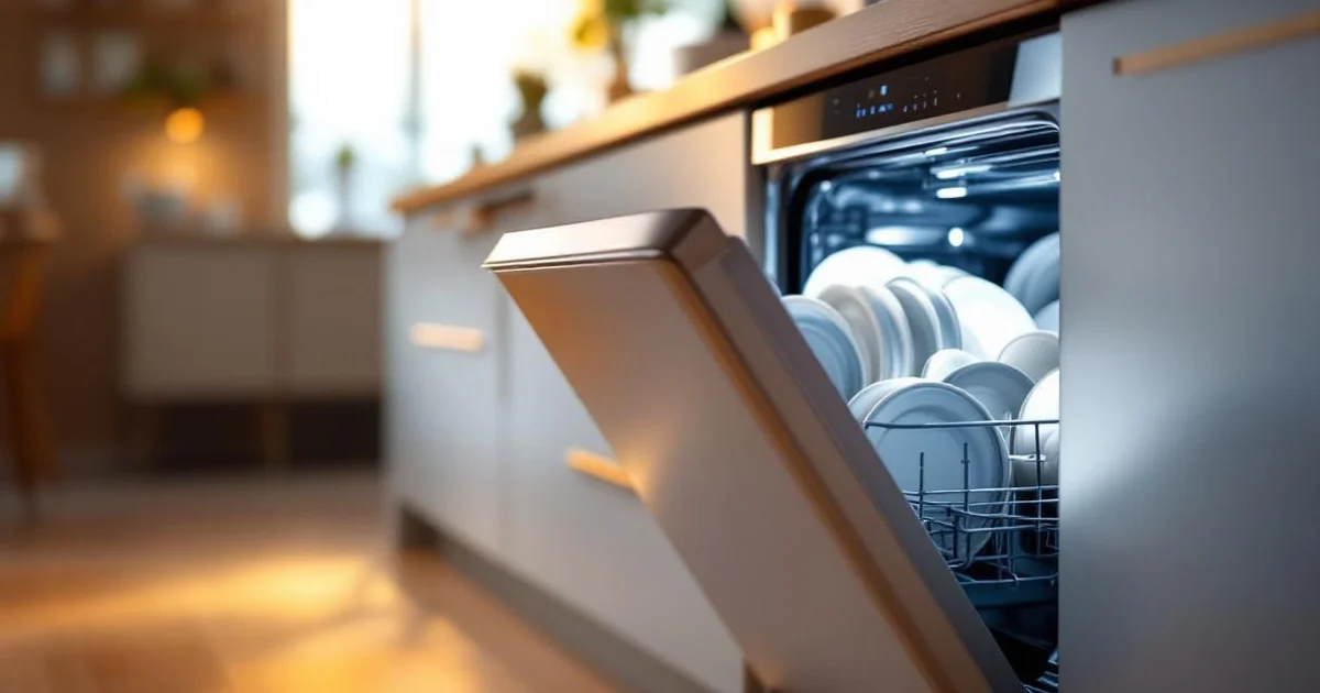 Modern built-in dishwasher with door slightly open showing clean dishes inside