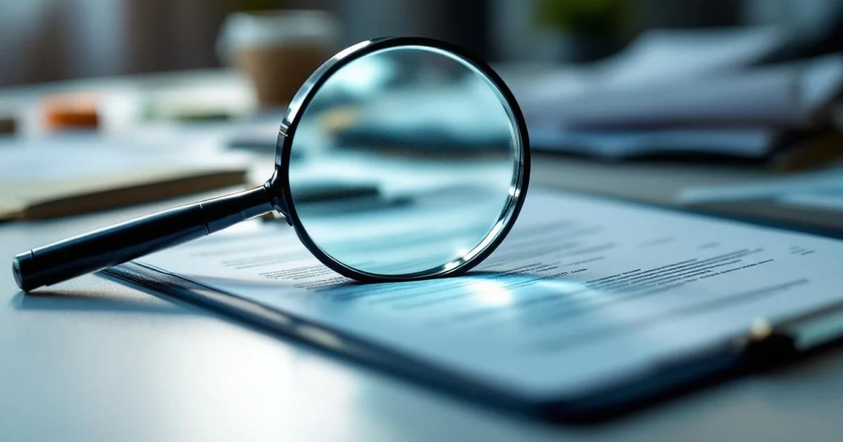 Magnifying glass on clipboard with blurred papers on clean white desk
