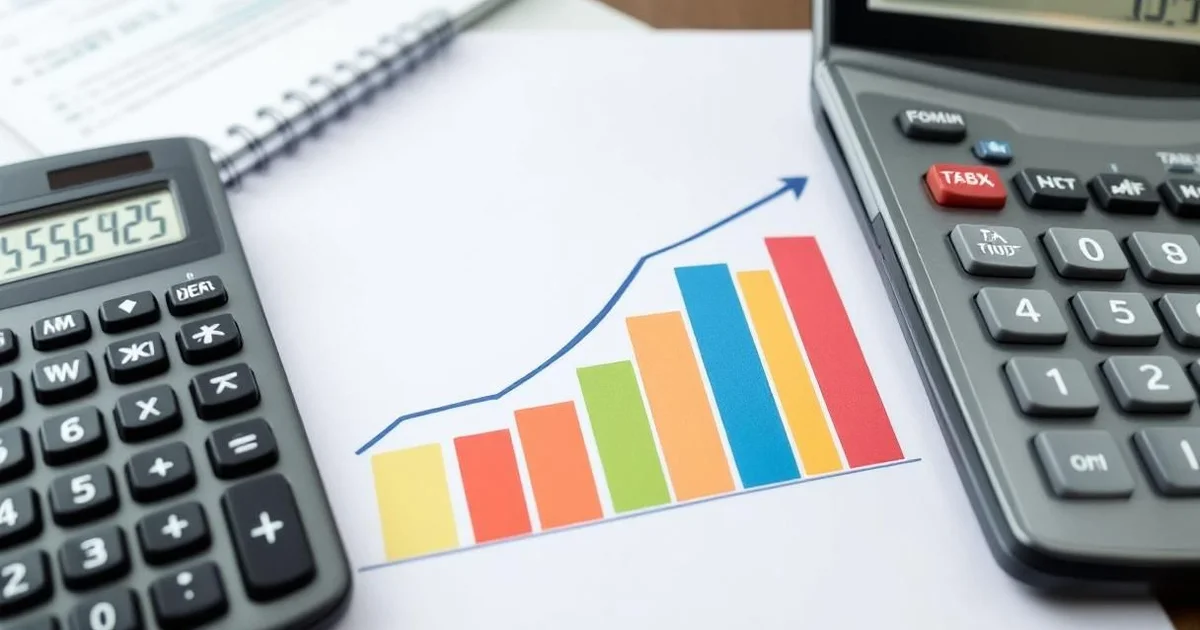 Calculator next to colorful ascending bar chart printed on paper