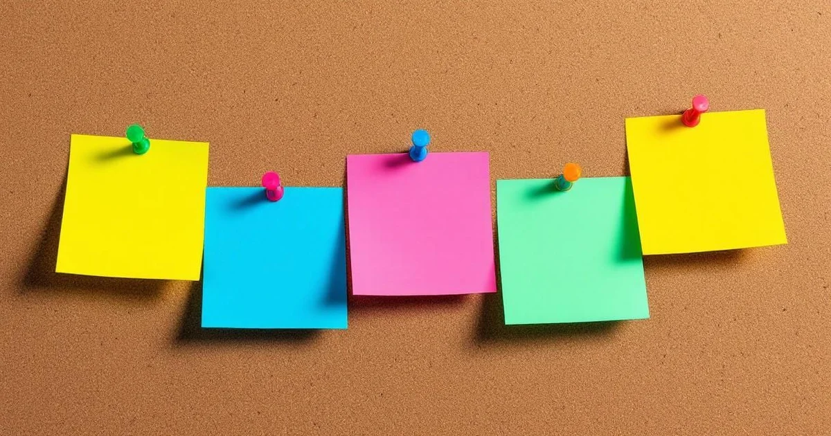 Five colorful sticky notes arranged on cork board with pushpins