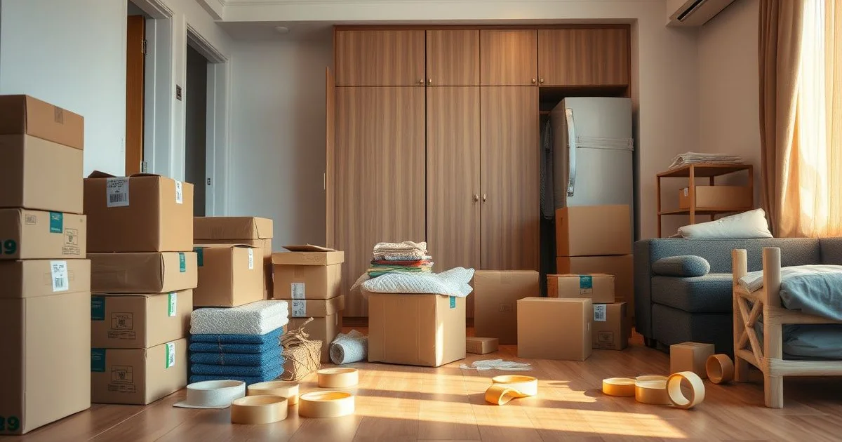 한국 아파트 이사 포장 박스와 짐