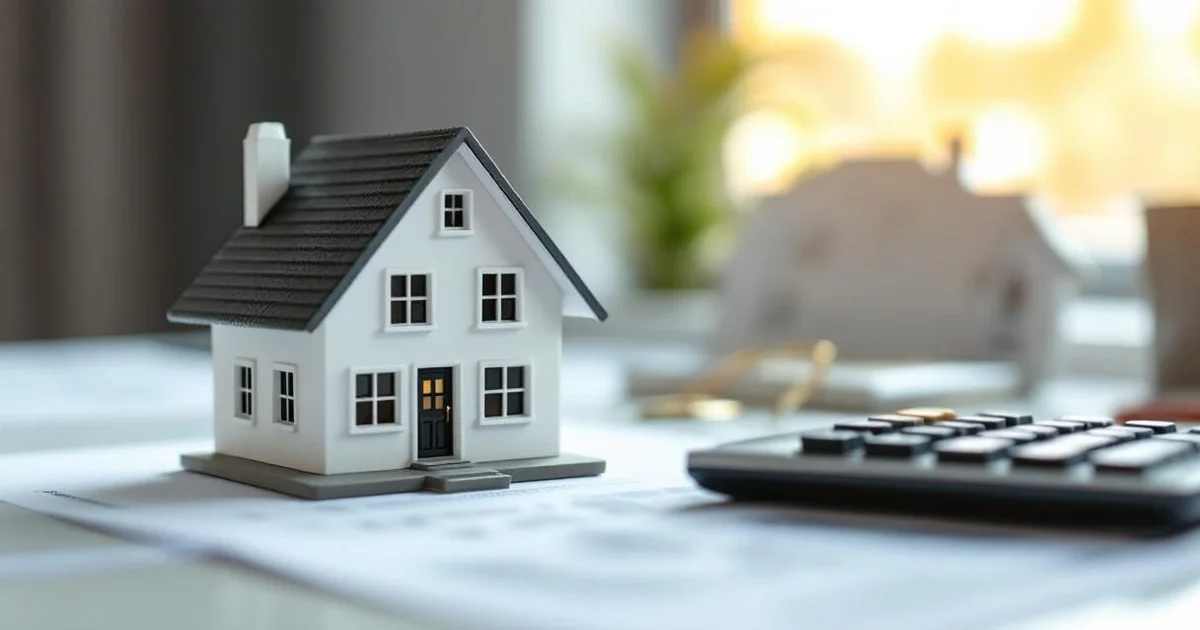 Miniature white house model next to calculator on clean desk