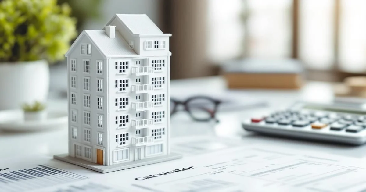 Miniature white apartment building model next to calculator on clean modern desk