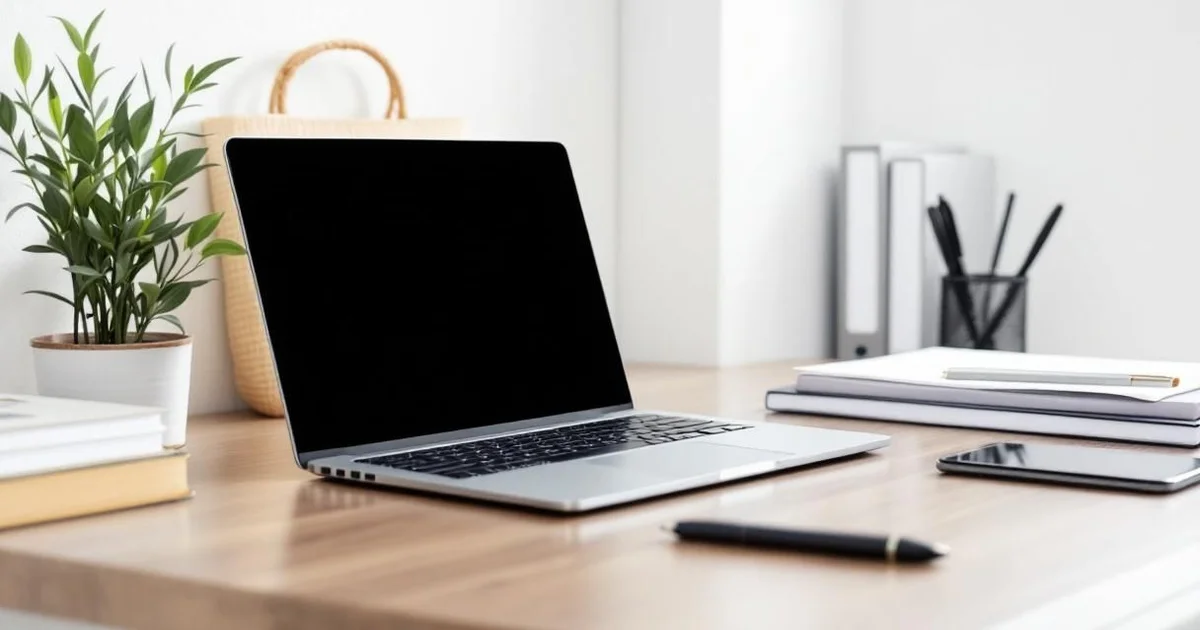 Modern laptop on tidy office desk with neat file folders and pen holder