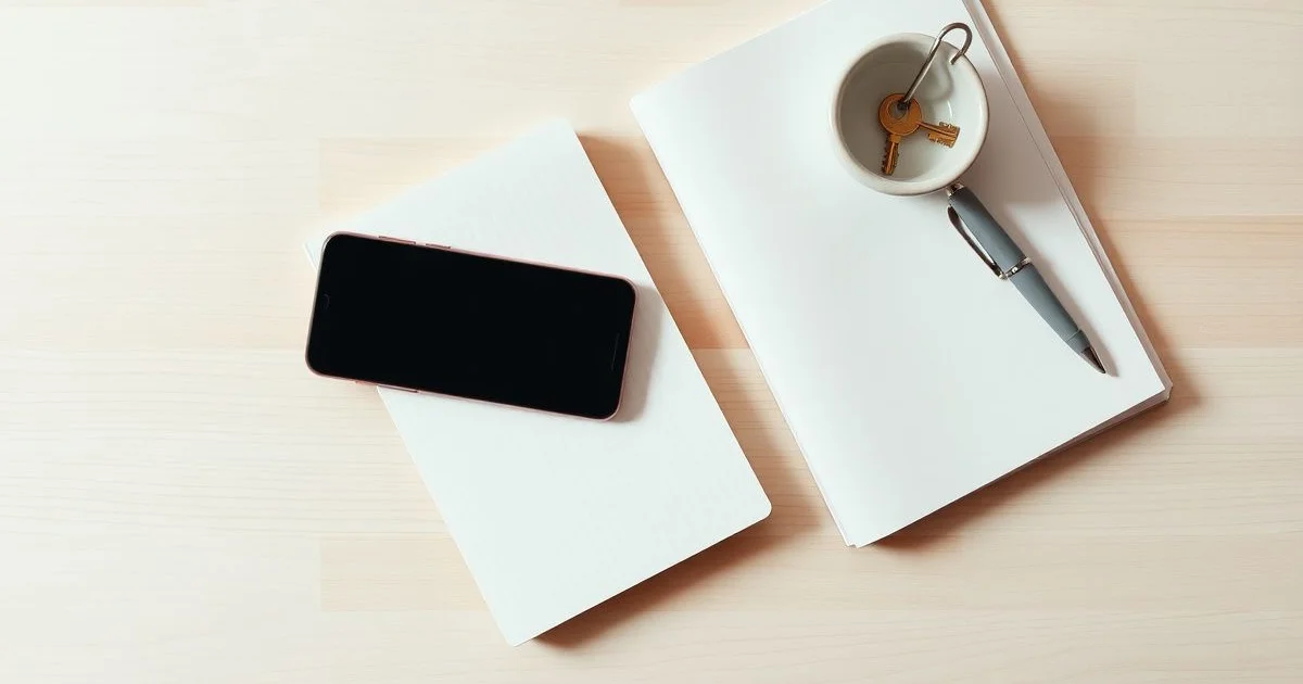 깔끔한 책상 위 열쇠와 빈 노트