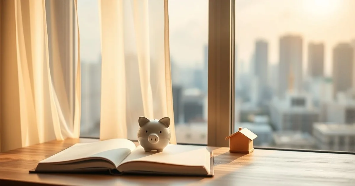 햇살 드는 창가 책상 위 저금통과 집 모형