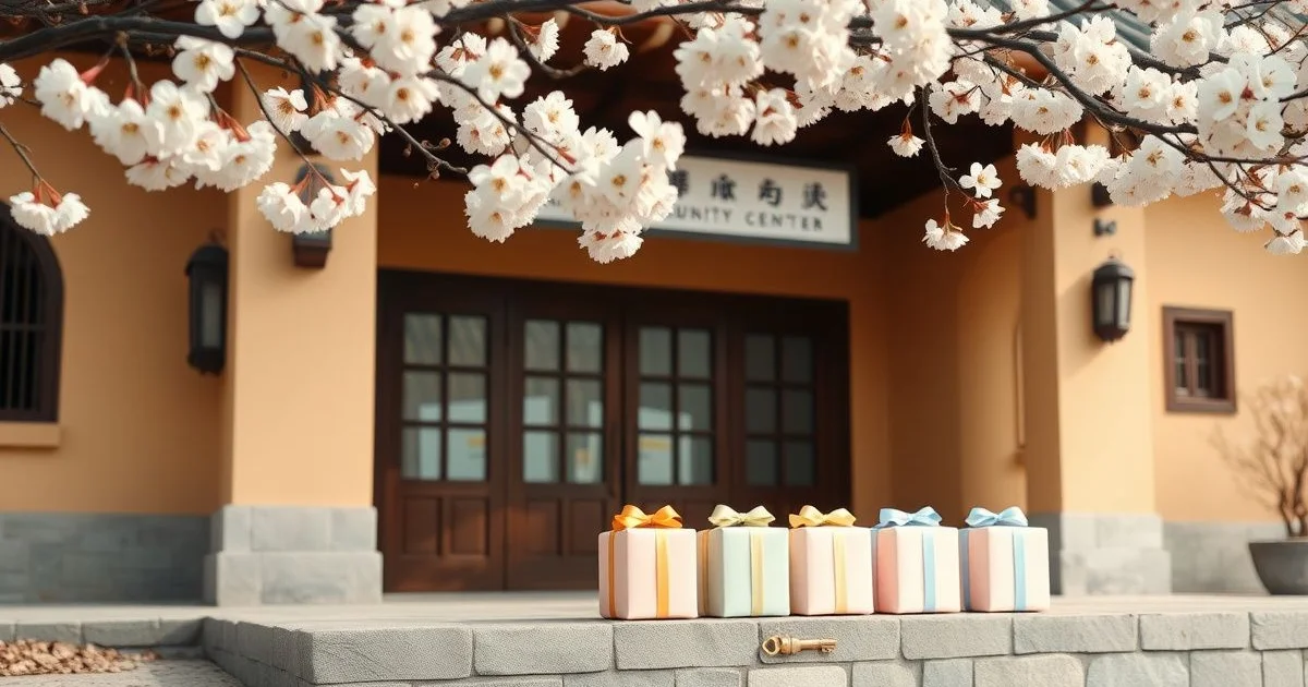 한옥풍 건물 앞 선물 상자와 열쇠