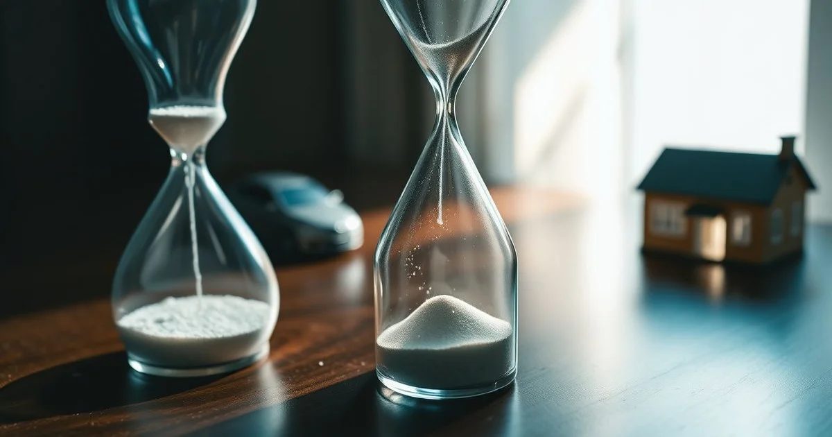 모래시계와 미니어처 집 자동차 구성