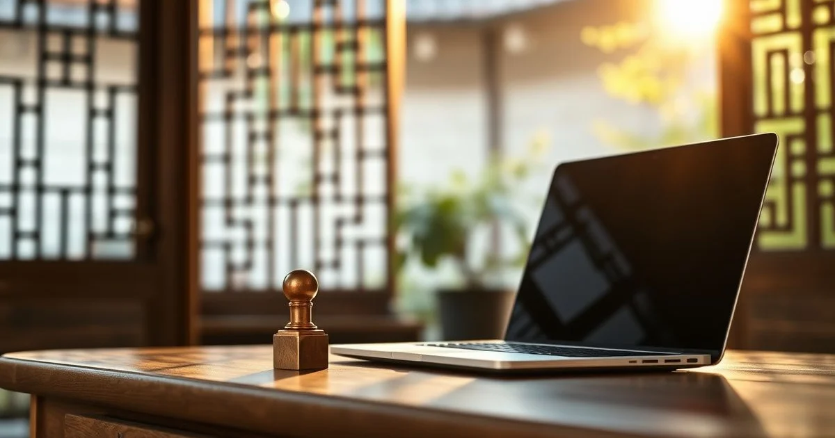 전통 도장과 노트북이 놓인 한옥 책상