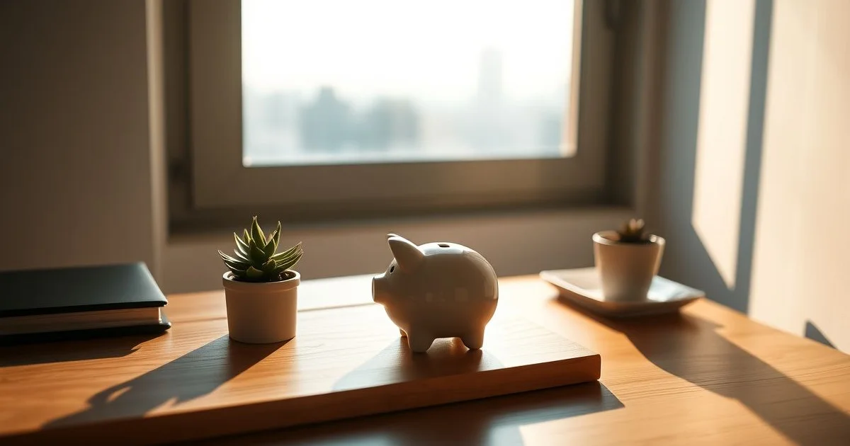 햇살 비치는 책상 위 돼지저금통과 화분