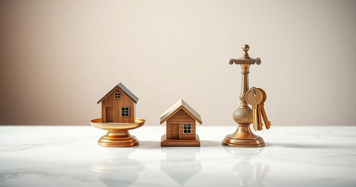 두 개의 저울 위 집 모형과 열쇠 비교