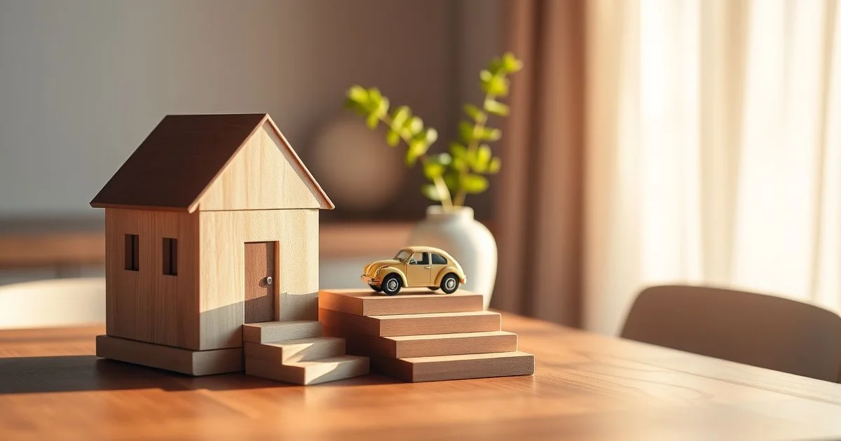 나무 블록 계단 옆 집 모형과 장난감 자동차