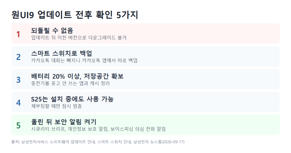 원UI9 업데이트 전후 확인 5가지: 되돌릴 수 없음, 스마트 스위치 백업과 카카오톡 별도 백업, 배터리 20퍼센트와 저장공간, 설치 중 사용 가능, 업데이트 후 보안 알림 켜기