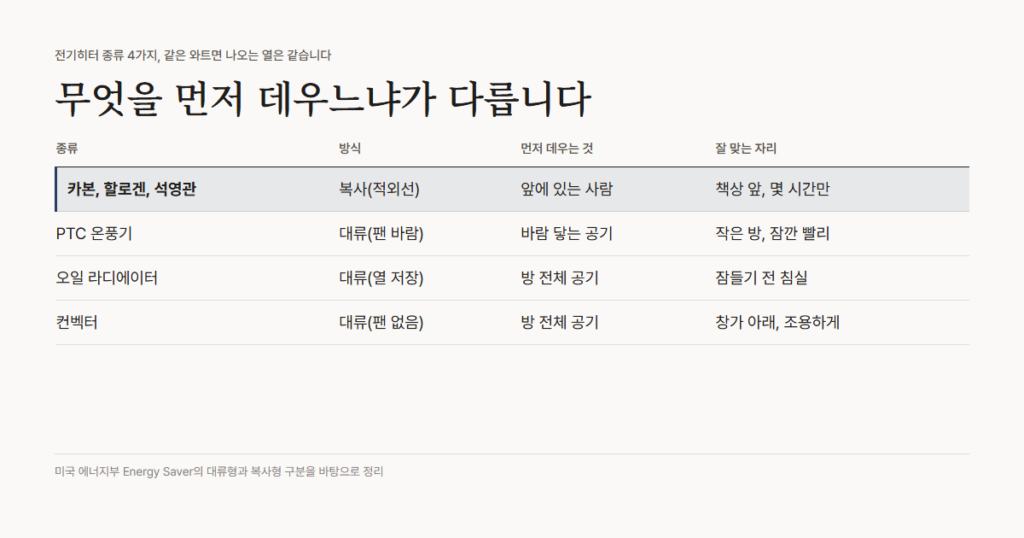 전기히터 종류 4가지 비교. 카본, 할로겐, 석영관 히터는 적외선으로 앞의 사람을 데우고, PTC 온풍기는 팬 바람으로 공기를 데우고, 오일 라디에이터와 컨벡터는 방 공기를 대류로 데웁니다. 같은 와트면 나오는 열의 양은 같습니다
