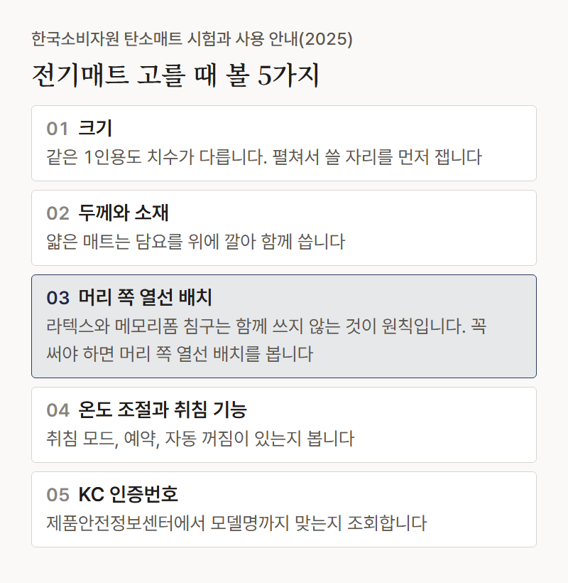단계 카드: 전기매트 고를 때 볼 5가지. 크기, 두께와 소재, 머리 쪽 열선 배치, 온도 조절과 취침 기능, KC 인증번호 조회. 라텍스와 메모리폼 침구는 매트와 함께 쓰지 않는 것이 원칙입니다